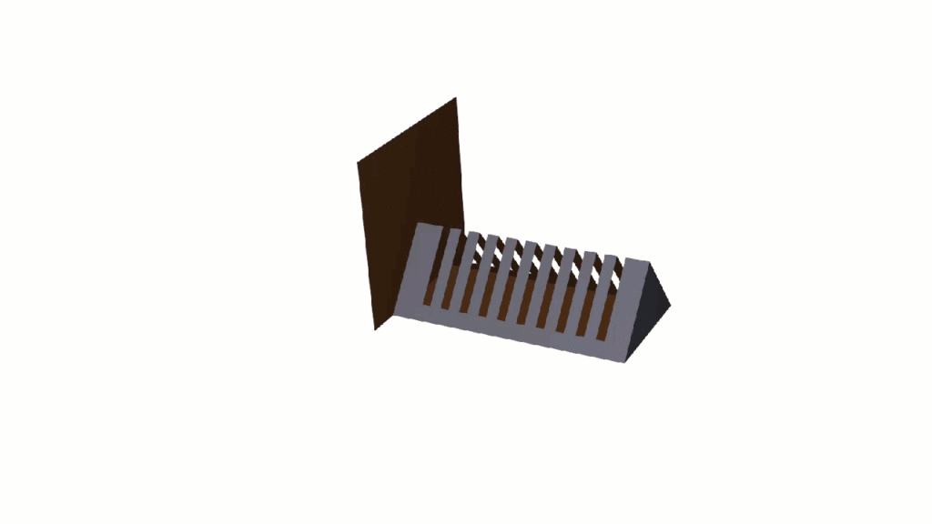 10.5-in L x 5-in W x 3-in H triangular literature dispensary with 10 slots and sign.