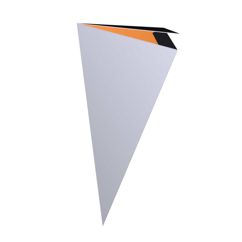 15-in H x 5-in W triangular shaped box with flat folding bottom.
