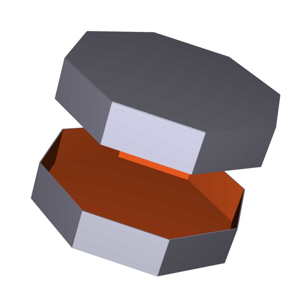 2 7-in W x 7-in W x 1.5-in H octagon-sided box top and bottom.