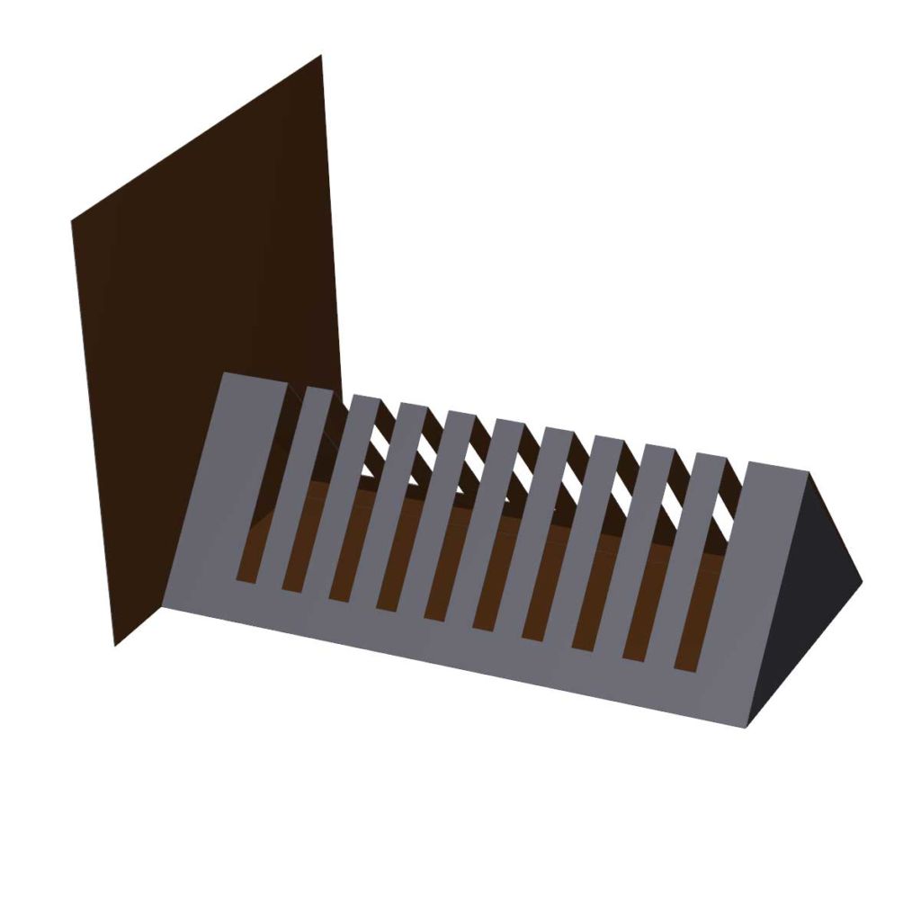10.5-in L x 5-in W x 3-in H triangular literature dispensary with 10 slots and sign.