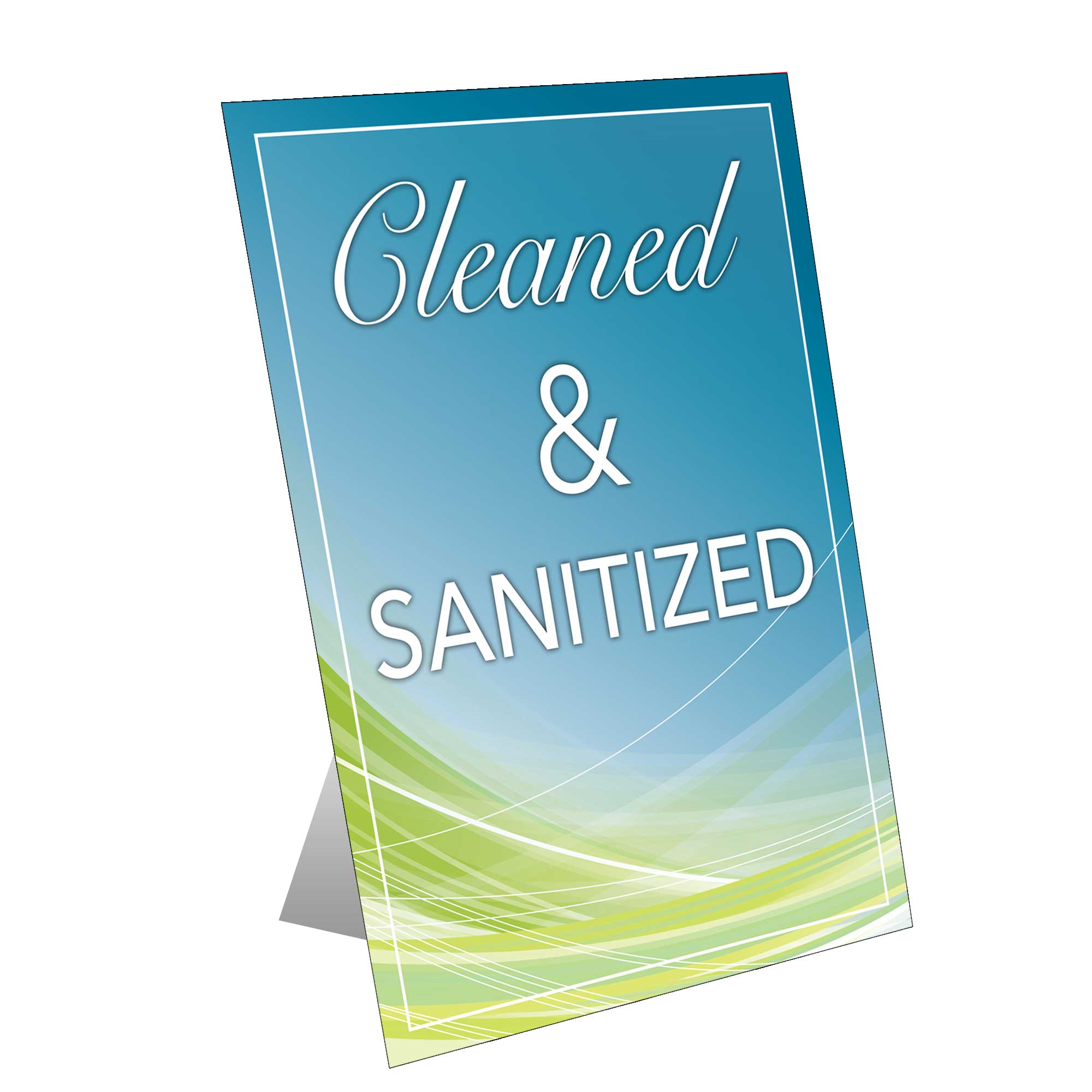 "Cleaned & Sanitized" Table Top Sign, Blue & Green Plum Grove