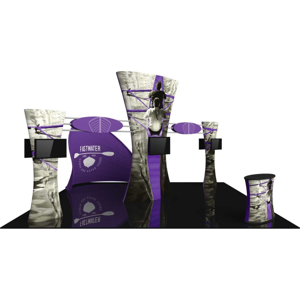 20x20-ft Island Booth, 12-ft Central Tower, Monitor Kiosks & Counter | Orbus Formulate Fusion 06