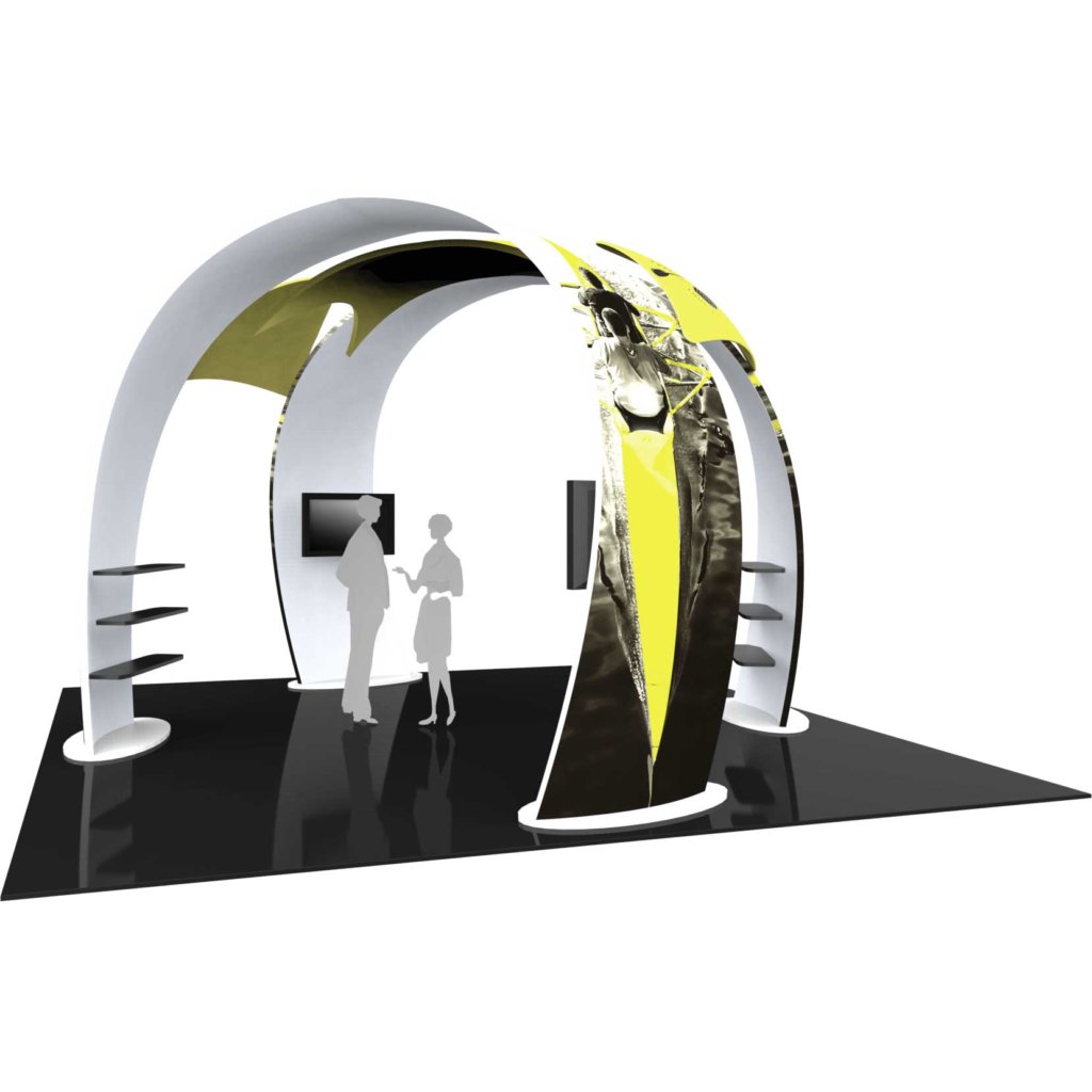 20x20 Island Booth with Dual Arches, Monitor Mounts & Shelves | Orbus Formulate Fusion 07