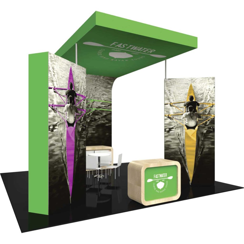 20x20 Island Booth with Canopy Roof & Counters| Orbus Formulate Fusion 09