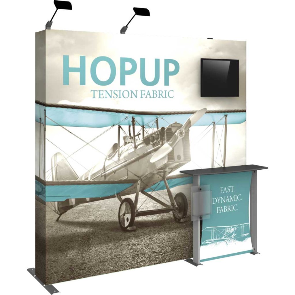 8x7.6-ft Pop Up Display with Monitor Mount, Counter, Brochure Holder & Lights | Orbus Hopup Kit 02