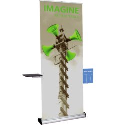 Banner stand with brochure holder and shelf