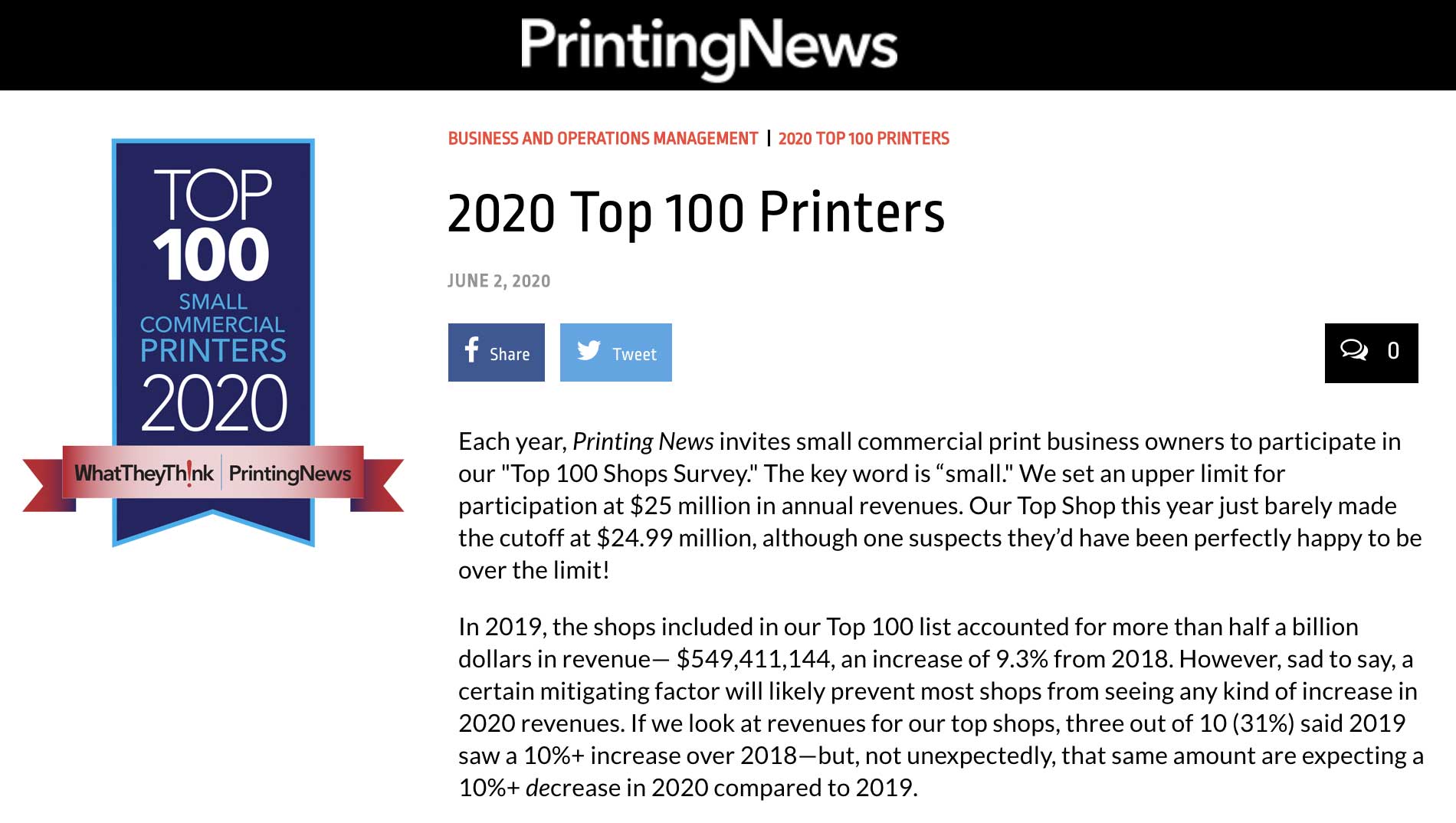 Printing News Names Plum Grove in Top 100