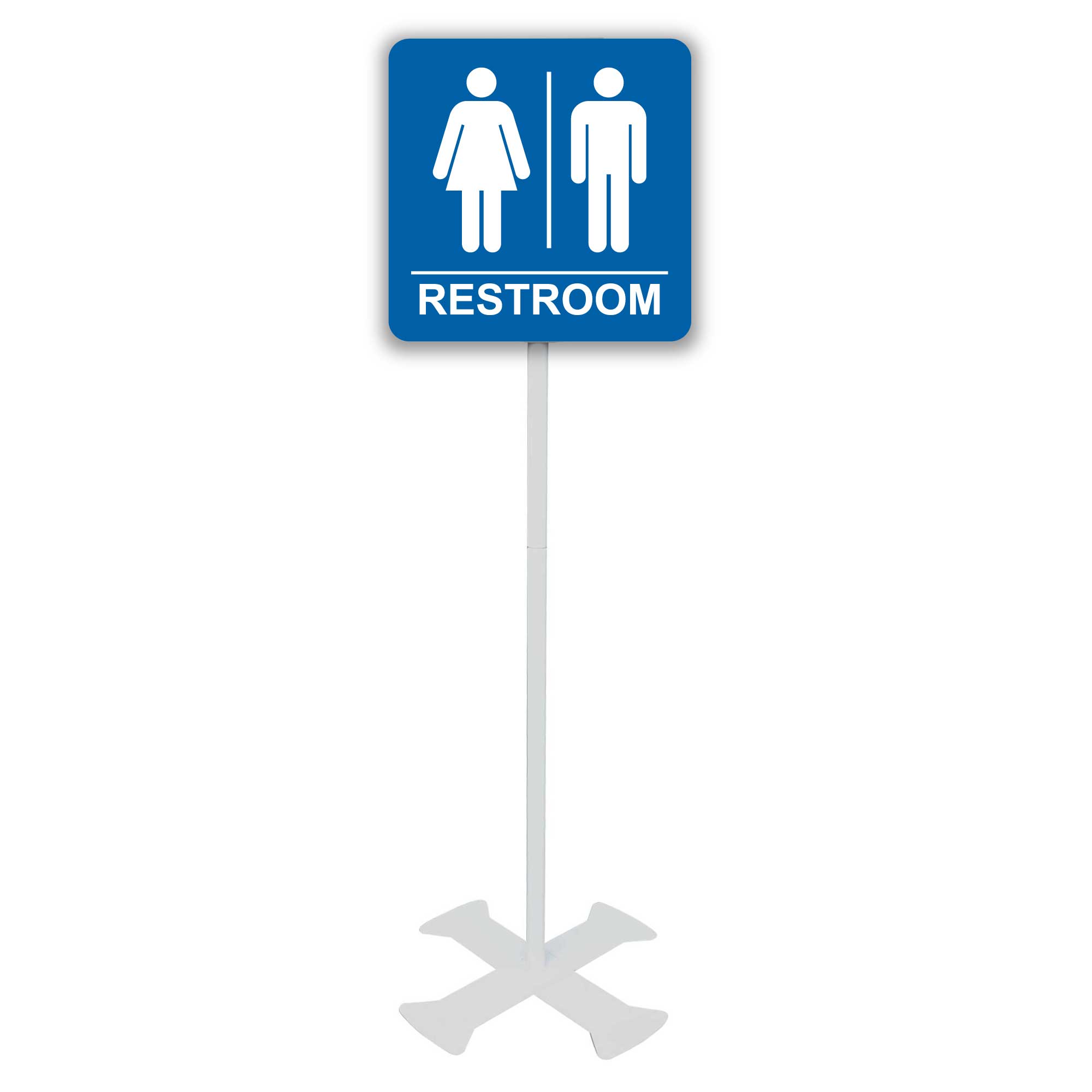 Blue Restroom Sign with Toilet, 4-ft Floor-Standing Steel Stand