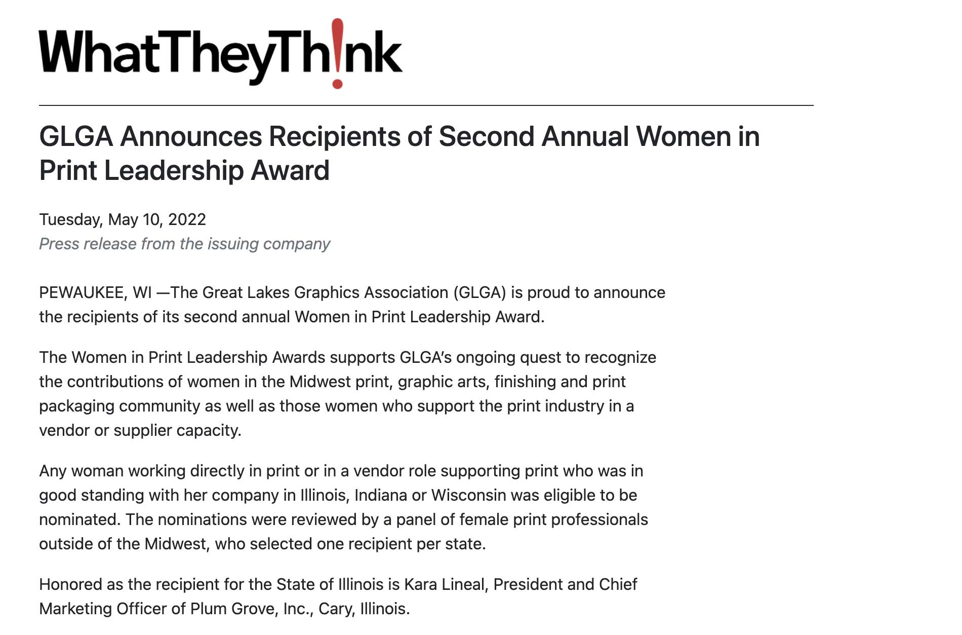 Women in Print Leadership Award 2022, Kara Lineal