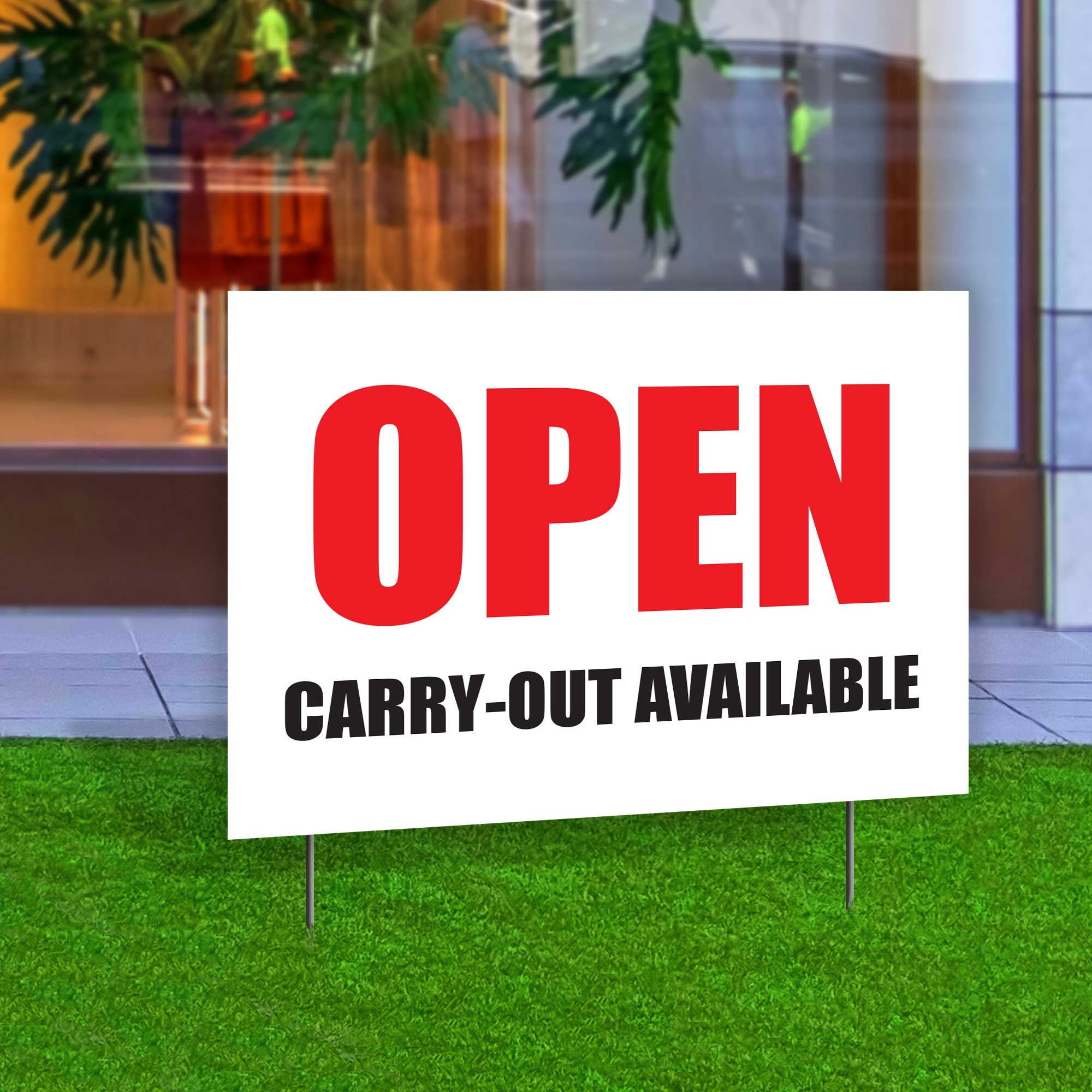 “Open CarryOut Available” Doublesided Yard Sign, 23x17in Plum Grove